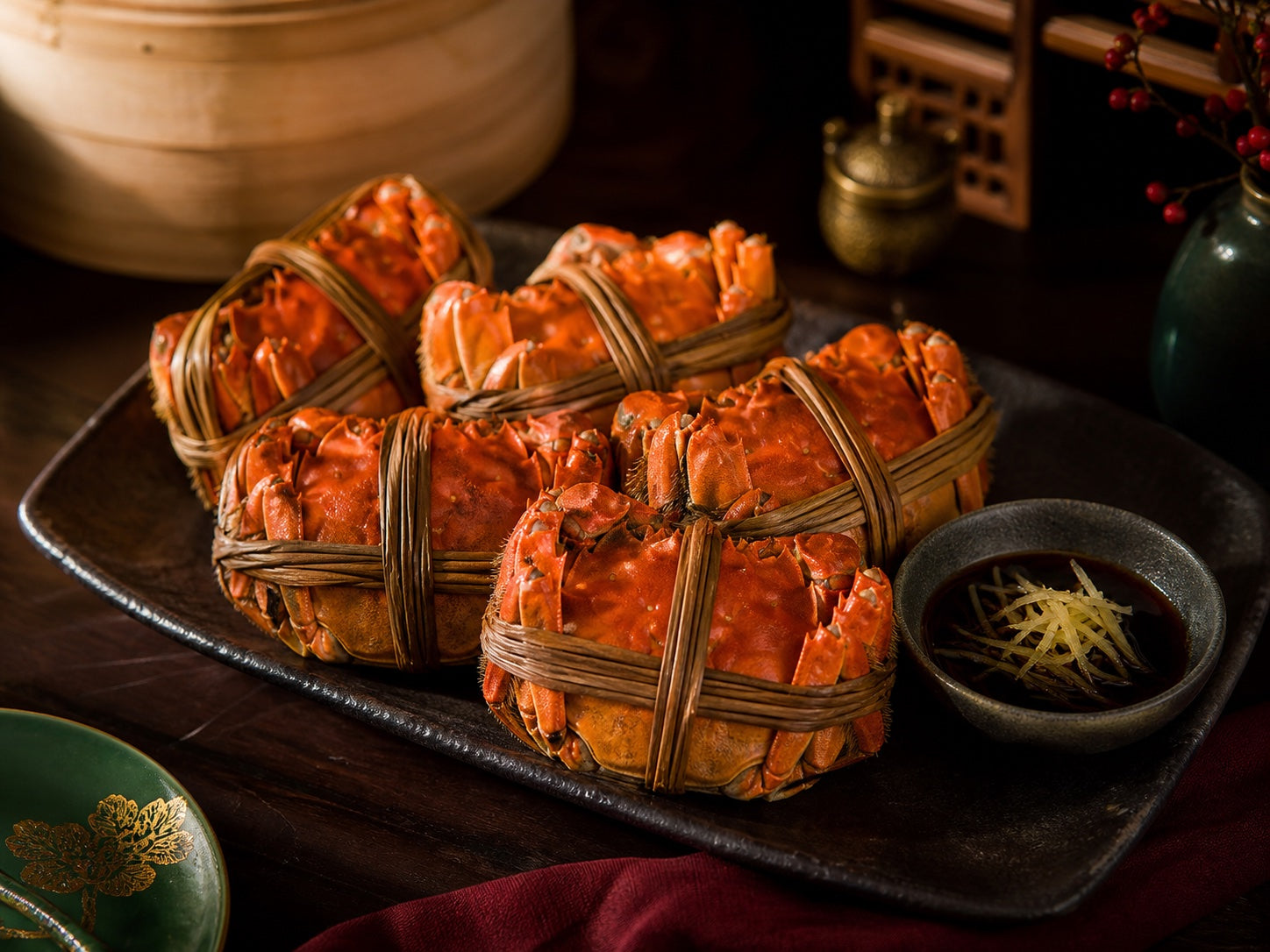 Freshly steamed hairy crabs served warm with black vinegar and shredded ginger