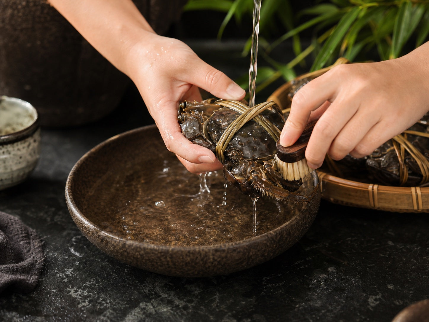 Tied live hairy crab being gently cleaned with a soft brush under running water